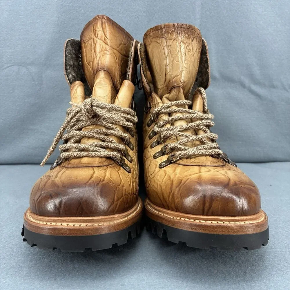 TAFT Croc Embossed Leather Hiker Boots Men US 12 EU 46 Vibram Spain The Viking